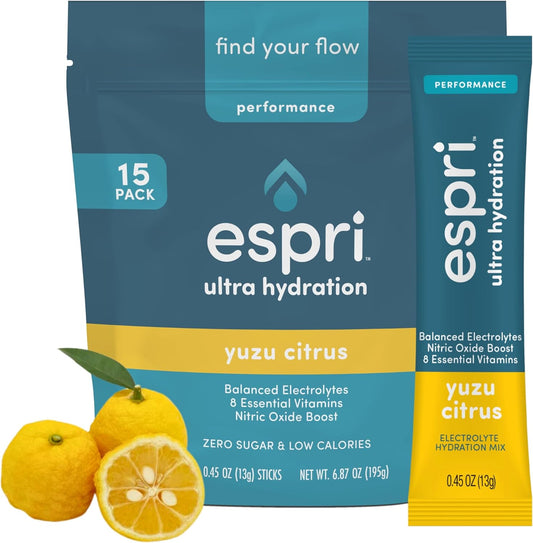 15 Day Supply ESPRI Zero Sugar Yuzu Citrus Electrolyte Drink Mix - Hydration Packets with Nitric Oxide Boost, Low Calories, Magnesium Citrate for Muscle Cramp Prevention and Recovery