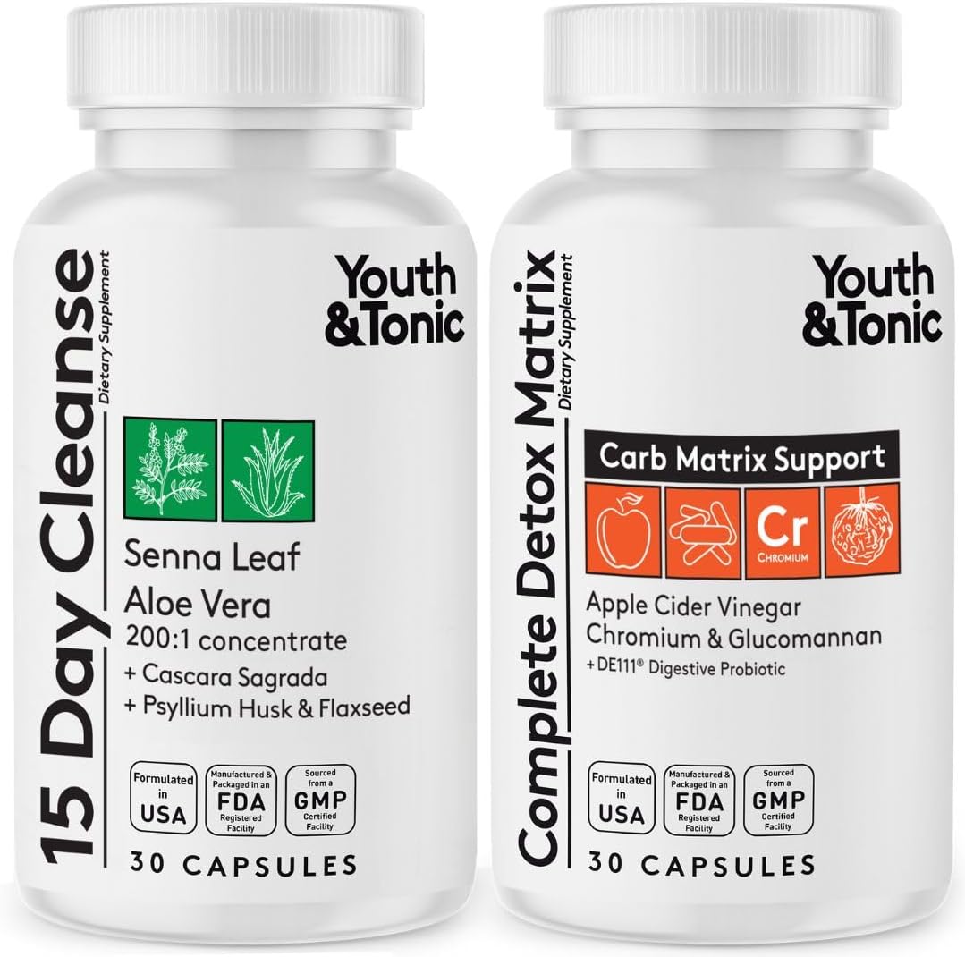 15 Day Youth & Tonic Cleanse for Bloating, Gut Health, & Metabolism Support - Detox & Colon Cleanser with ACV, Glucomannan, Chromium - 60 Pills