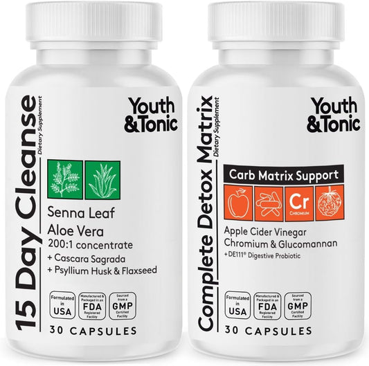 15 Day Youth & Tonic Cleanse for Bloating, Gut Health, & Metabolism Support - Detox & Colon Cleanser with ACV, Glucomannan, Chromium - 60 Pills