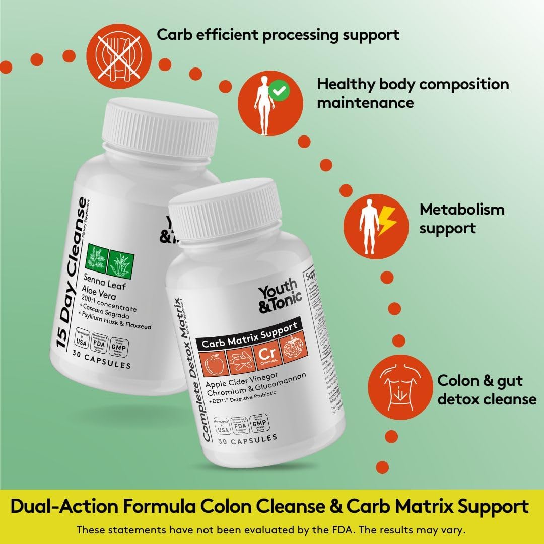 15 Day Youth & Tonic Cleanse for Bloating, Gut Health, & Metabolism Support - Detox & Colon Cleanser with ACV, Glucomannan, Chromium - 60 Pills