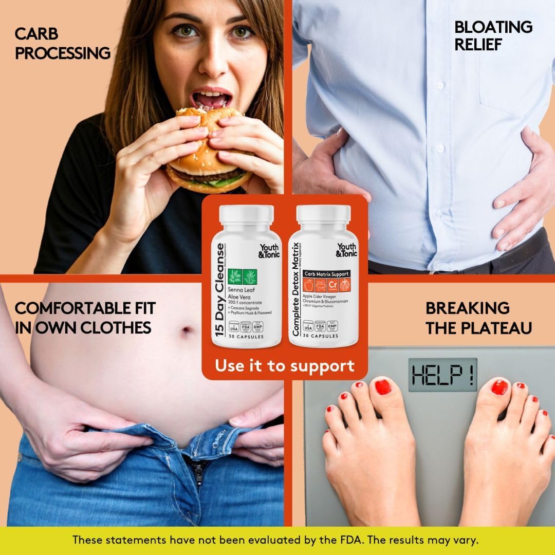 15 Day Youth & Tonic Cleanse for Bloating, Gut Health, & Metabolism Support - Detox & Colon Cleanser with ACV, Glucomannan, Chromium - 60 Pills
