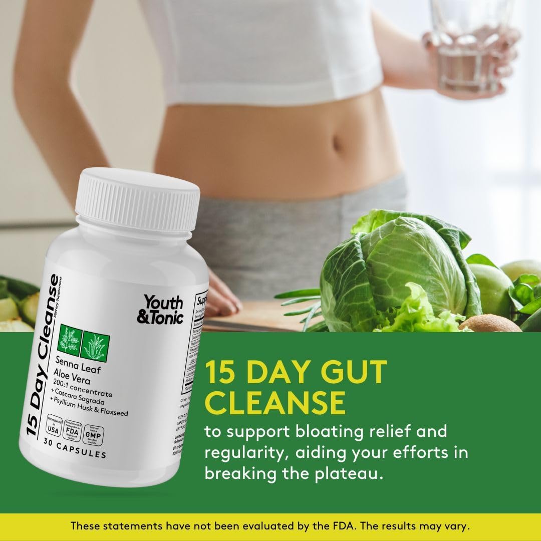 15 Day Youth & Tonic Cleanse for Bloating, Gut Health, & Metabolism Support - Detox & Colon Cleanser with ACV, Glucomannan, Chromium - 60 Pills