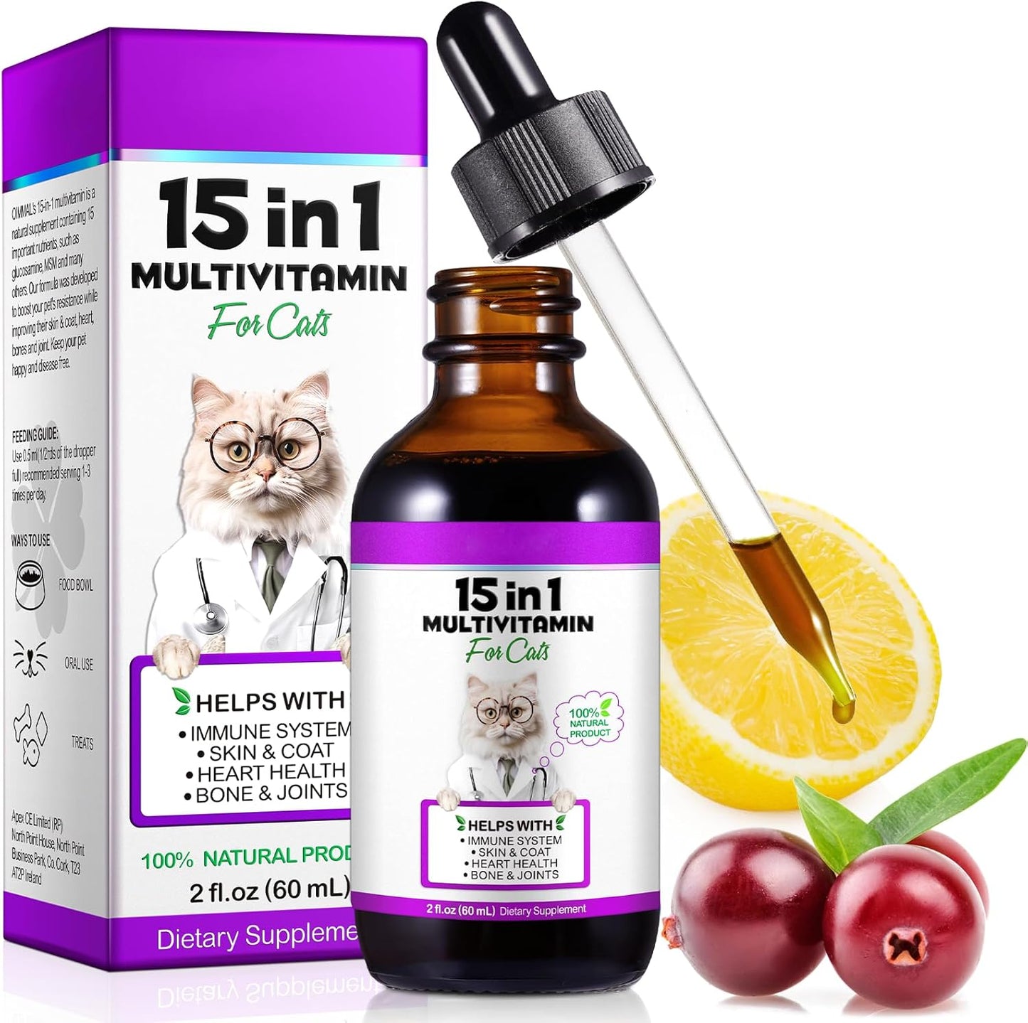 15-in-1 Cat Multivitamin Liquid Drops 60ml for Heart, Bones, Joints, Skin, Coat, Bladder & Immune System