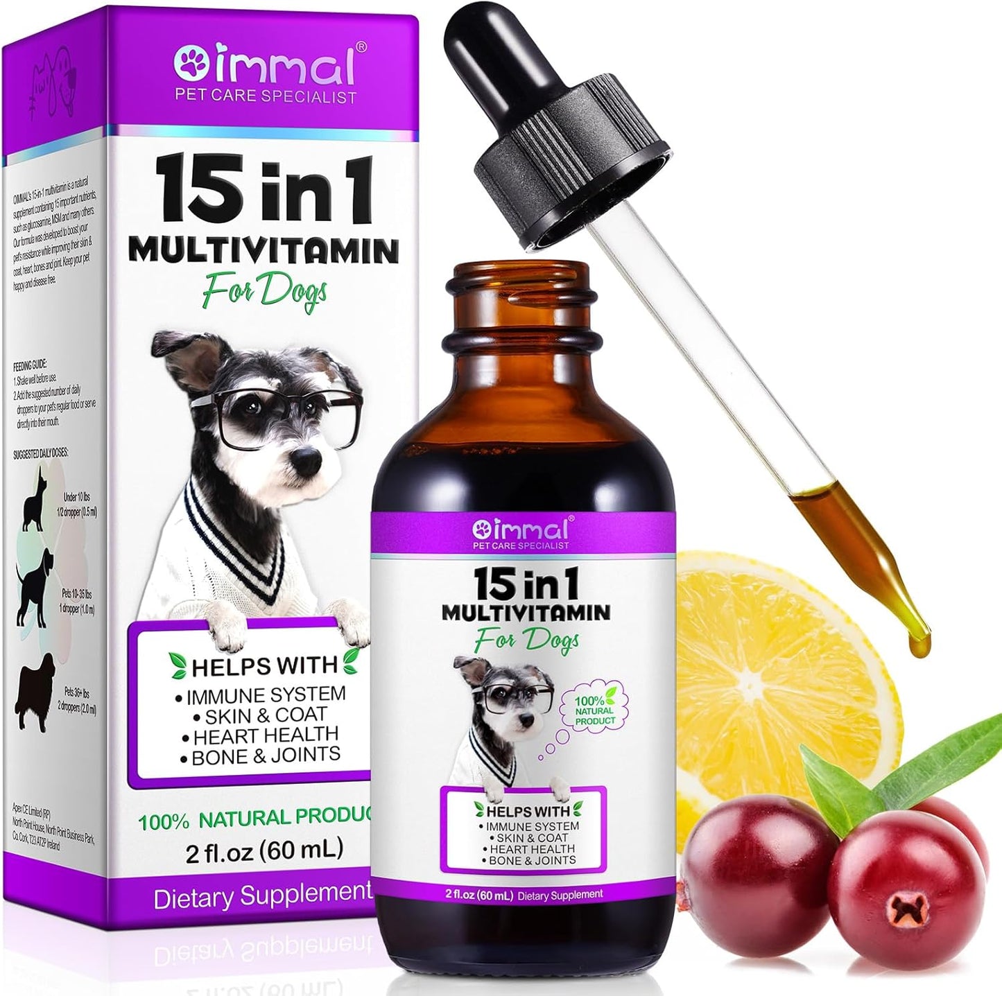 15-in-1 Dog Multivitamin Drops with Glucosamine, MSM, and Minerals for Skin, Coat, Heart, Bones, Joints, and Immune Support - Natural Dog Vitamins & Supplements