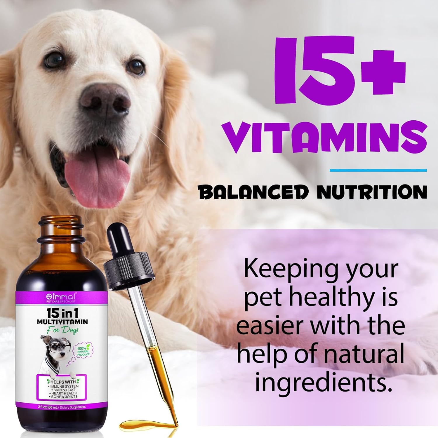 15-in-1 Dog Multivitamin Drops with Glucosamine, MSM, and Minerals for Skin, Coat, Heart, Bones, Joints, and Immune Support - Natural Dog Vitamins & Supplements