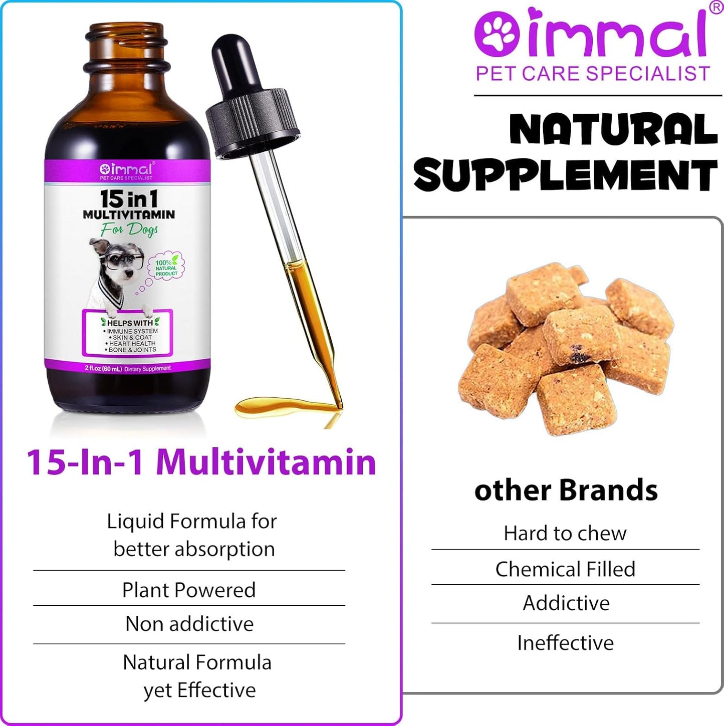 15-in-1 Dog Multivitamin Drops with Glucosamine, MSM, and Minerals for Skin, Coat, Heart, Bones, Joints, and Immune Support - Natural Dog Vitamins & Supplements