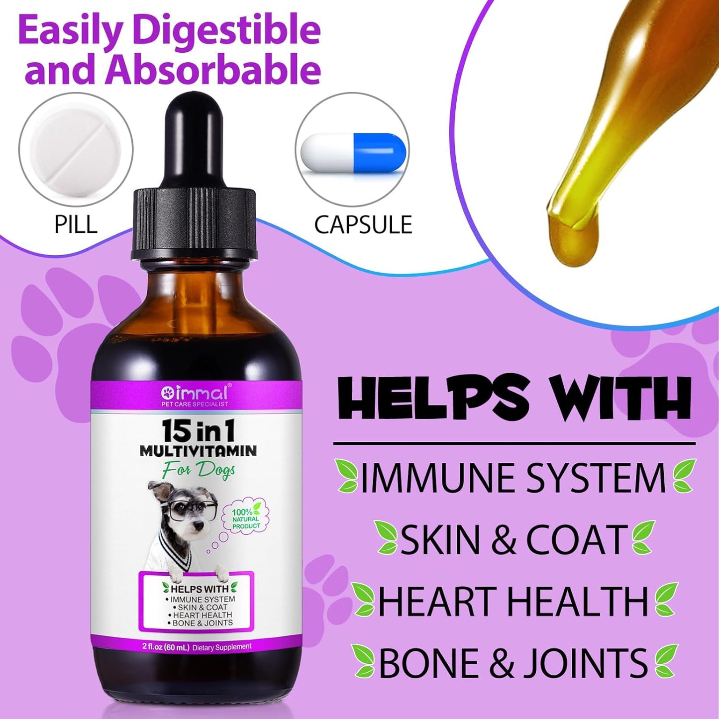 15-in-1 Dog Multivitamin Drops with Glucosamine, MSM, and Minerals for Skin, Coat, Heart, Bones, Joints, and Immune Support - Natural Dog Vitamins & Supplements