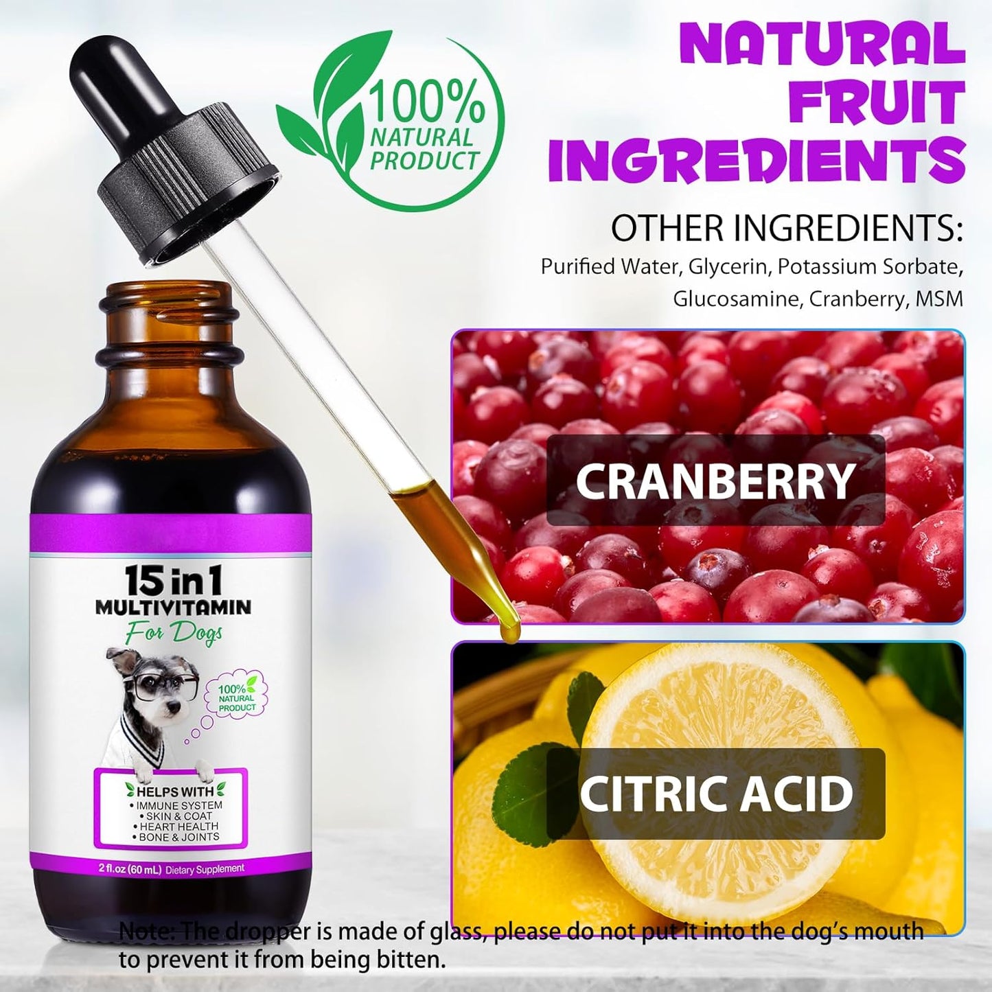 15-in-1 Dog Multivitamin Liquid Drops Supplements for Heart, Bone, Joint, Skin, Coat, and Immune Support 60ml - VOSIFSDIY