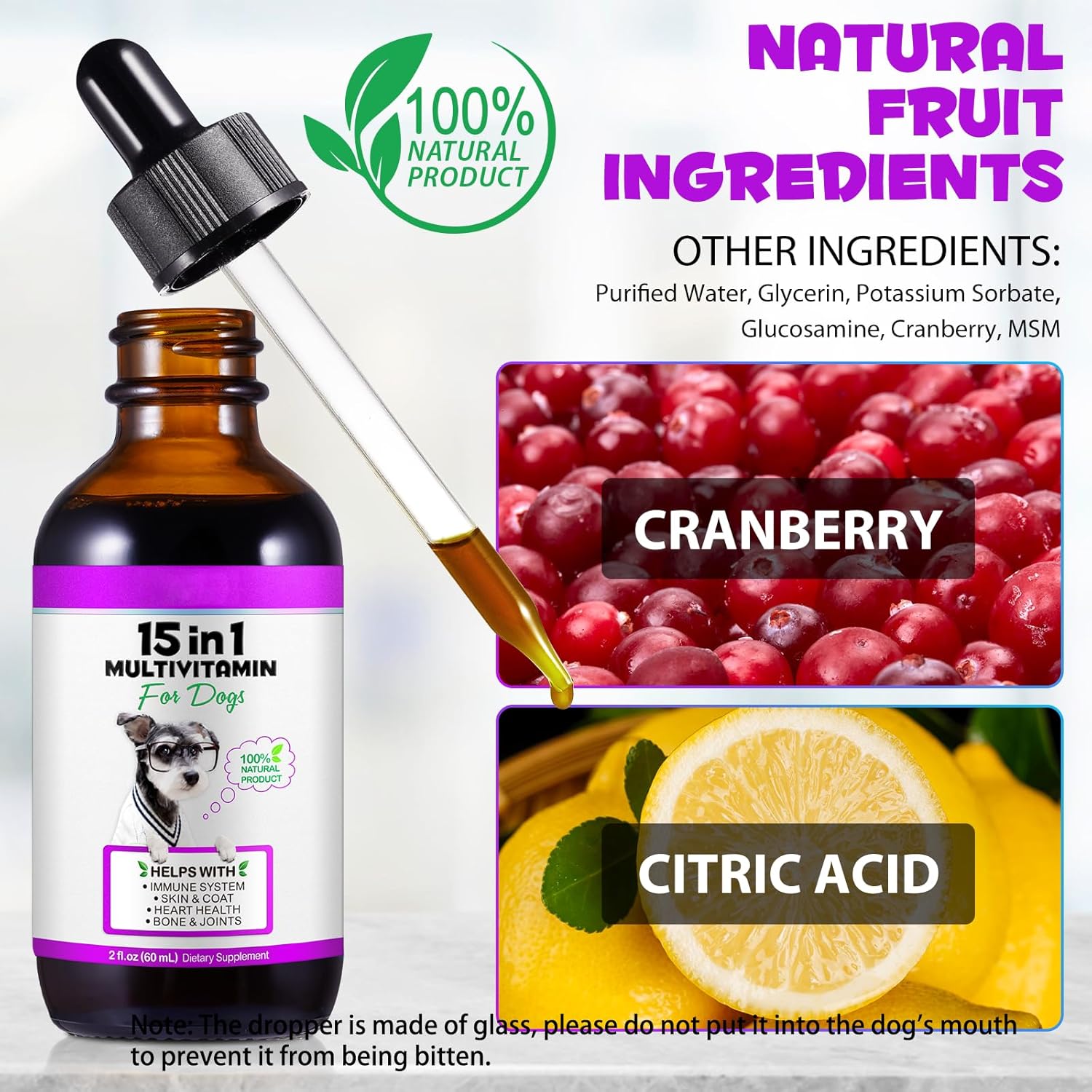 15-in-1 Dog Multivitamin Liquid Drops Supplements for Heart, Bone, Joint, Skin, Coat, and Immune Support 60ml - VOSIFSDIY