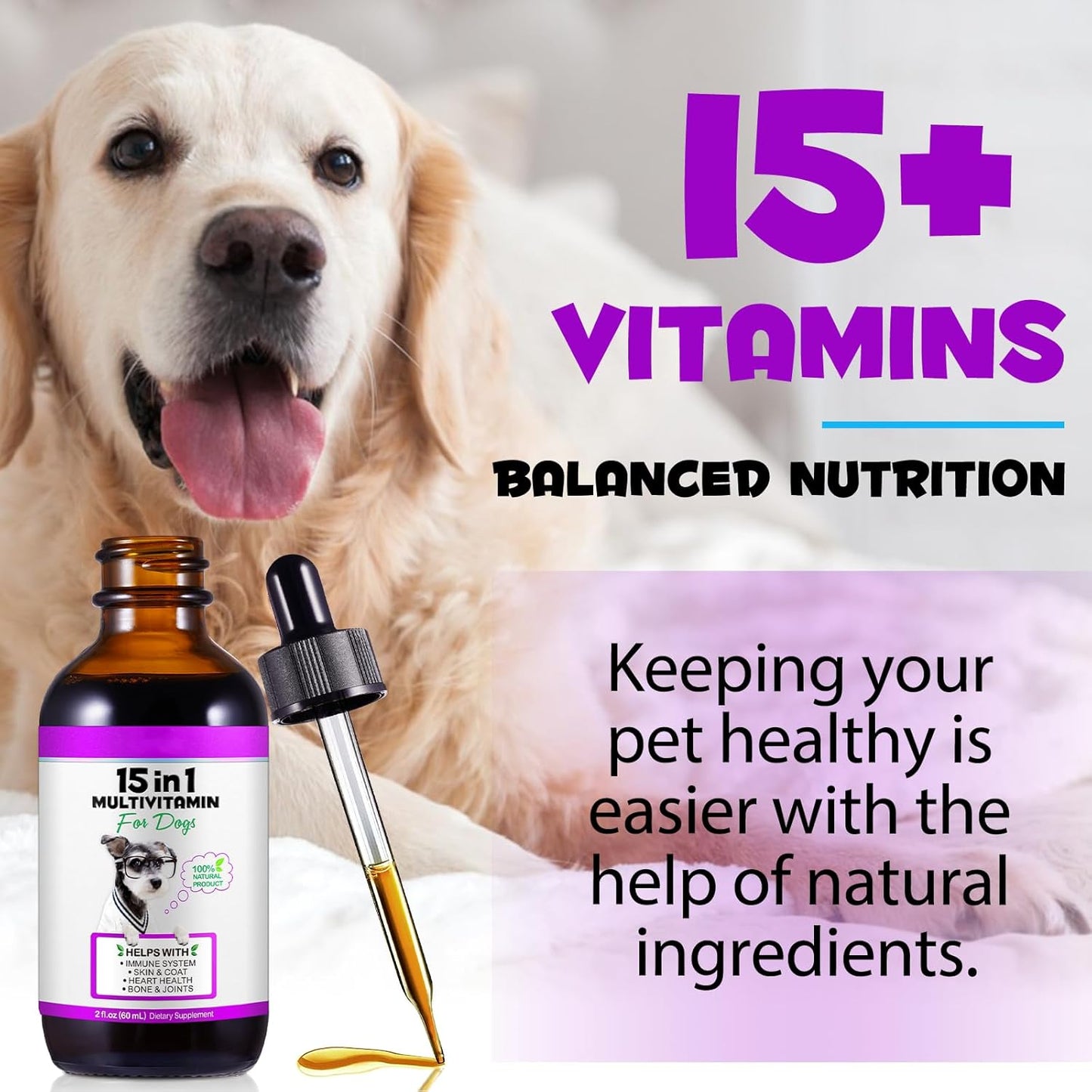 15-in-1 Dog Multivitamin Liquid Drops Supplements for Heart, Bone, Joint, Skin, Coat, and Immune Support 60ml - VOSIFSDIY