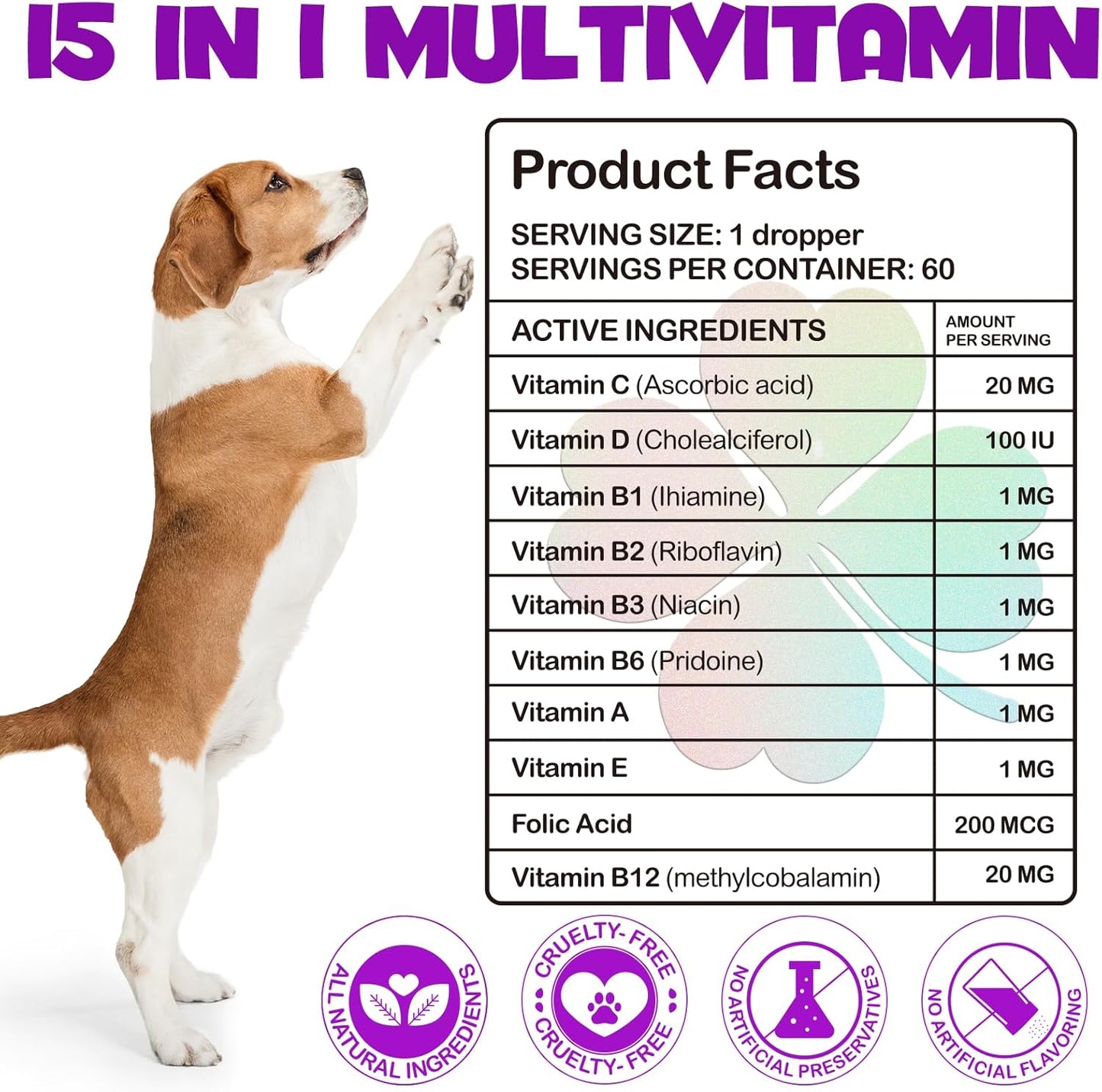 15-in-1 Dog Multivitamin Liquid Drops Supplements for Heart, Bone, Joint, Skin, Coat, and Immune Support 60ml - VOSIFSDIY