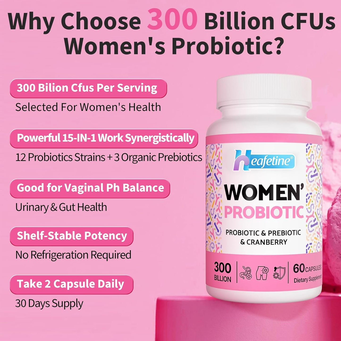 15-in-1 Women's Probiotic with 300 Billion CFUs for Vaginal, Urinary Tract, PH Balance & Immune Support - 60 Capsules