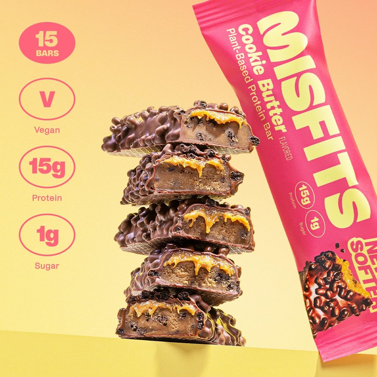 15-Pack Misfits Vegan Cookie Butter Protein Bars: New Recipe, Plant Based, Low Sugar & Carb, High Fiber Snacks