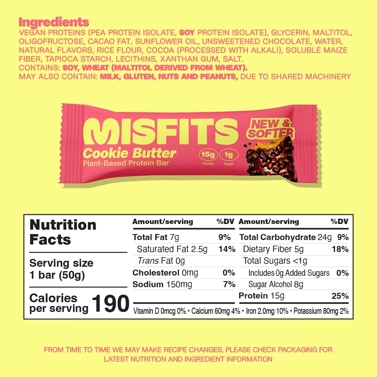15-Pack Misfits Vegan Cookie Butter Protein Bars: New Recipe, Plant Based, Low Sugar & Carb, High Fiber Snacks