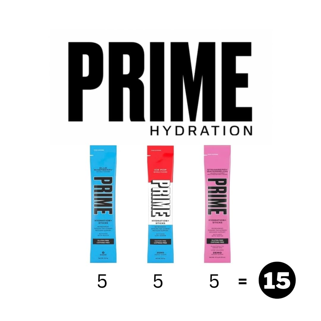 15 Pack Variety Prime Hydration Sticks - Ice Pop Flavor Bundle (Blue Raspberry, Strawberry Watermelon) - Electrolyte Powder Drink Mix for Recovery - Zero Sugar, Gluten Free