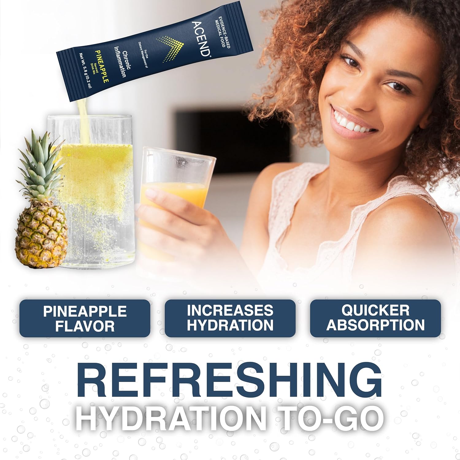 15 Packets of ACEND Pineapple Flavor Medical Food Drink Mix - Inflammation Support Supplement with Probiotics, Electrolytes, Non-GMO Formula, Gluten-Free & Sugar-Free