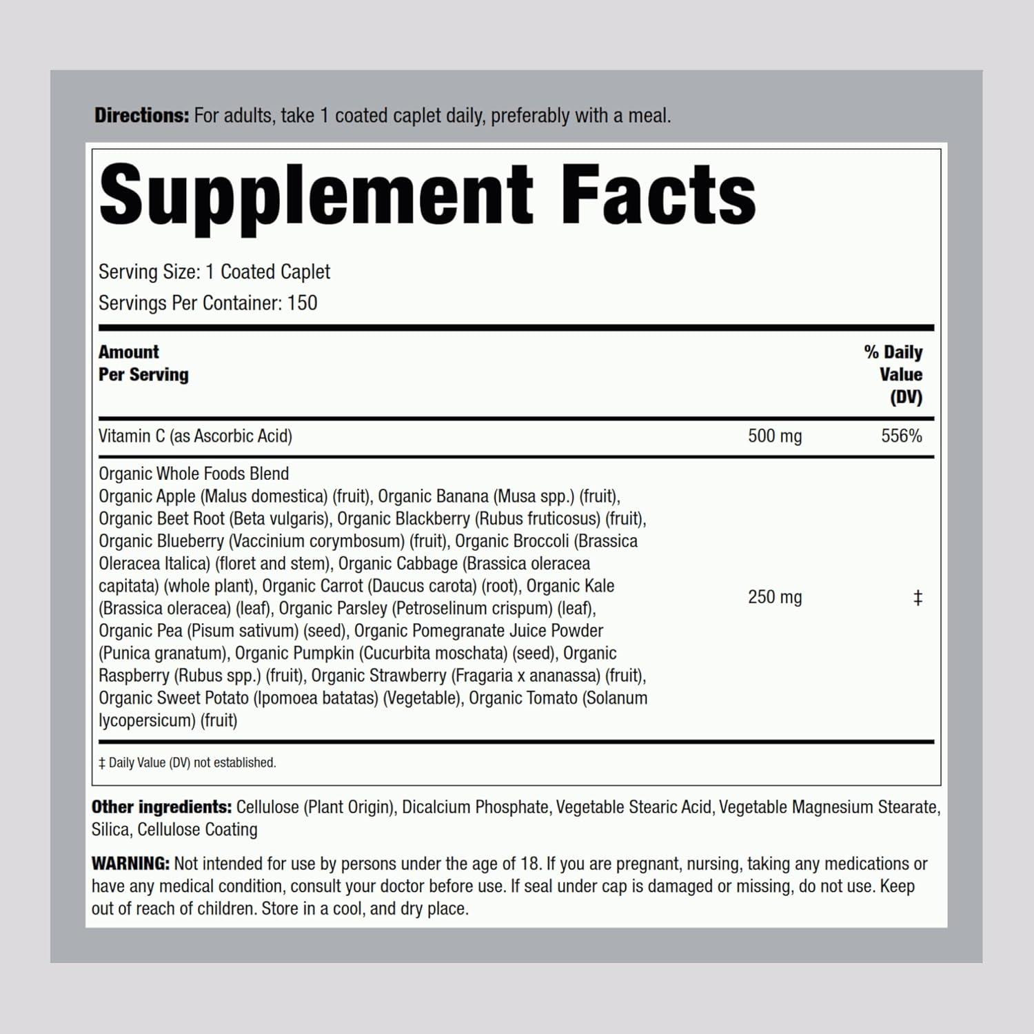 150 Caplets of Piping Rock Whole Foods Vitamin C Superfood Blend - Vegetarian, Non-GMO, Gluten Free