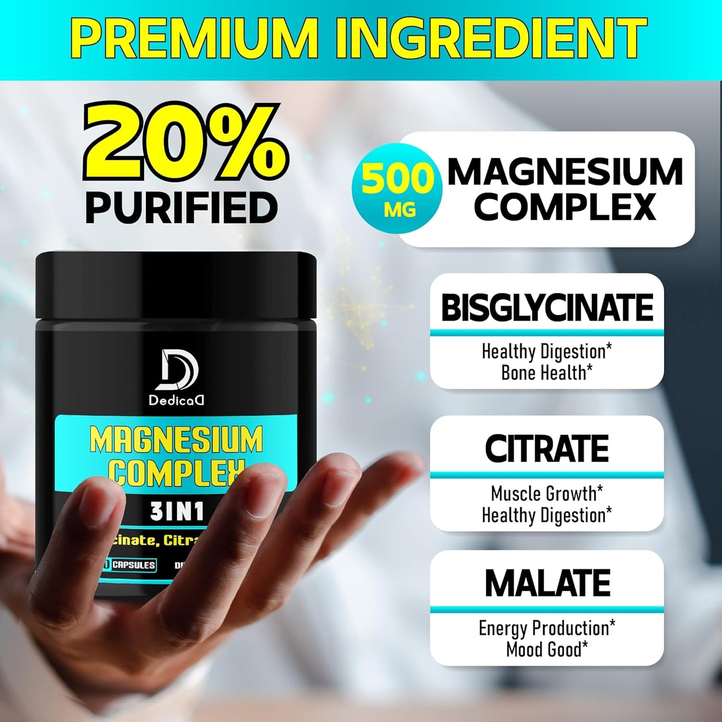 150 Capsules DEDICAD Triple Magnesium Complex Supplement - 100mg Elemental Bisglycinate, Citrate & Oxide - Energy, Muscle, Brain & Immune Support