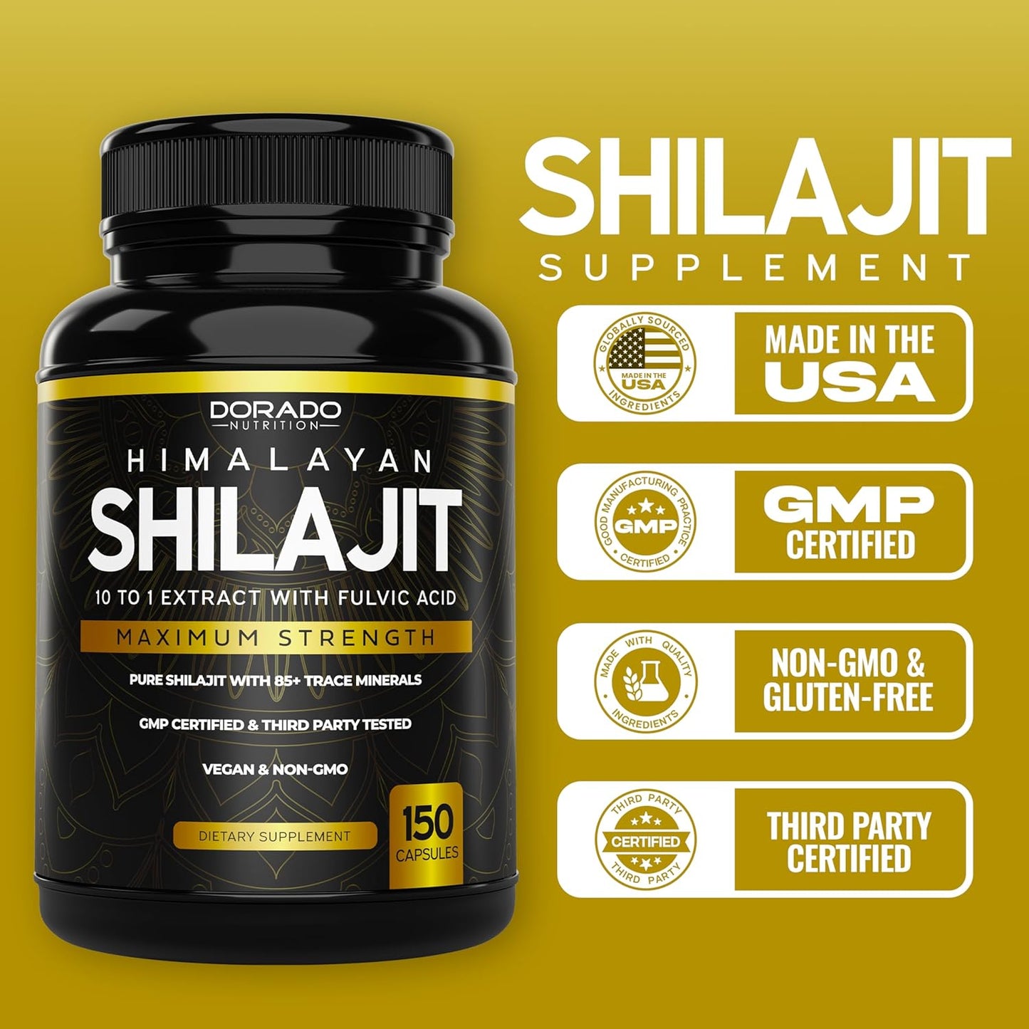 150 Capsules Dorado Nutrition Pure Himalayan Shilajit with 85+ Trace Minerals - 1000mg Extract - Shilajit Capsules for Immune Support with Fulvic Acid - Made in USA for Men & Women