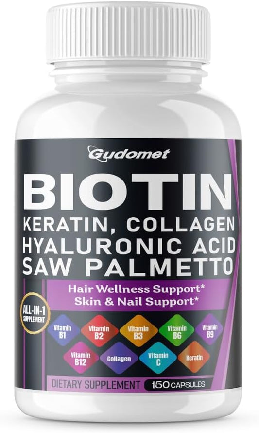 150 Capsules GUDOMET Biotin Collagen Vitamin D3 B Vitamins Keratin Hyaluronic Acid Saw Palmetto - Made in USA