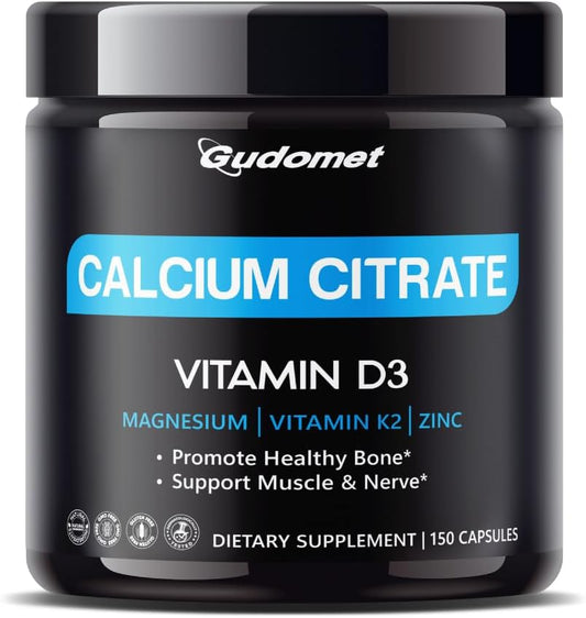 150 Capsules GUDOMET Calcium Citrate with Vitamin D3 & K2 for Bone, Muscle, & Nerve Health - High Absorption, USA-Made