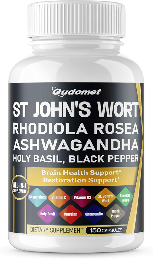 150 Capsules of GUDOMET Herbal Supplement with St. John's Wort, Rhodiola Rosea, Ashwagandha, Holy Basil, Valerian, Chamomile, and Black Pepper - Made in USA