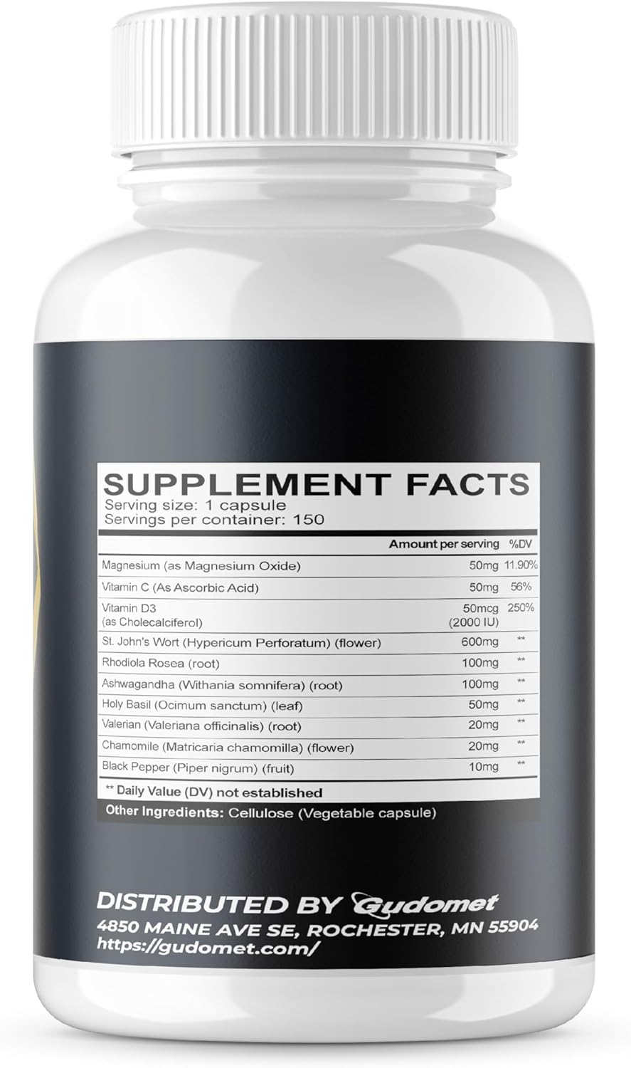 150 Capsules of GUDOMET Herbal Supplement with St. John's Wort, Rhodiola Rosea, Ashwagandha, Holy Basil, Valerian, Chamomile, and Black Pepper - Made in USA