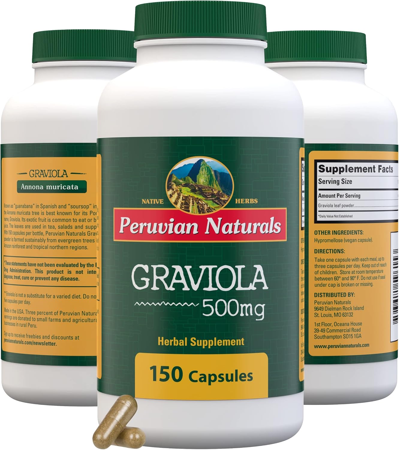 150 Capsules of Peruvian Naturals Graviola 500mg - Soursop Leaf Powder Supplement from Peru