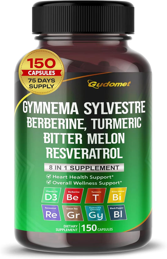150 Capsules of USA-Made GUDOMET Gymnema sylvestre, Berberine, Turmeric, Bitter Melon, Resveratrol, Green Tea, and Black Pepper