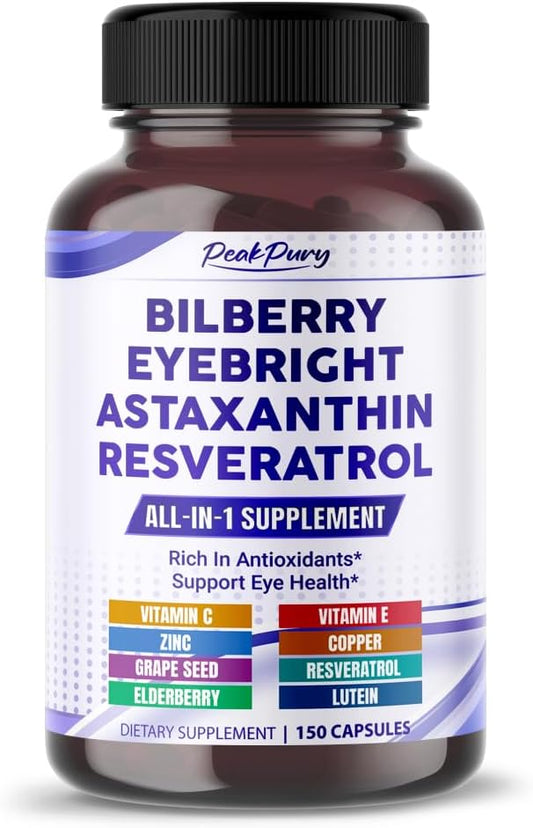 150 Capsules PeakPury All-in-One Eye Health Supplement with Bilberry, Eyebright, Astaxanthin, Elderberry, and Resveratrol - Antioxidant-Rich Formula Made in the USA