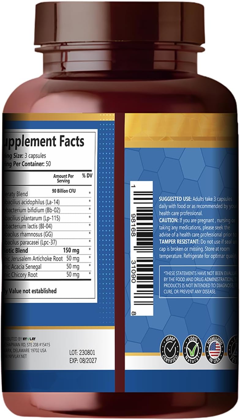 150 Count NYVLAY Prebiotics Probiotics Capsules - 90 Billion CFU for Strength & Energy - Natural Dietary Supplement