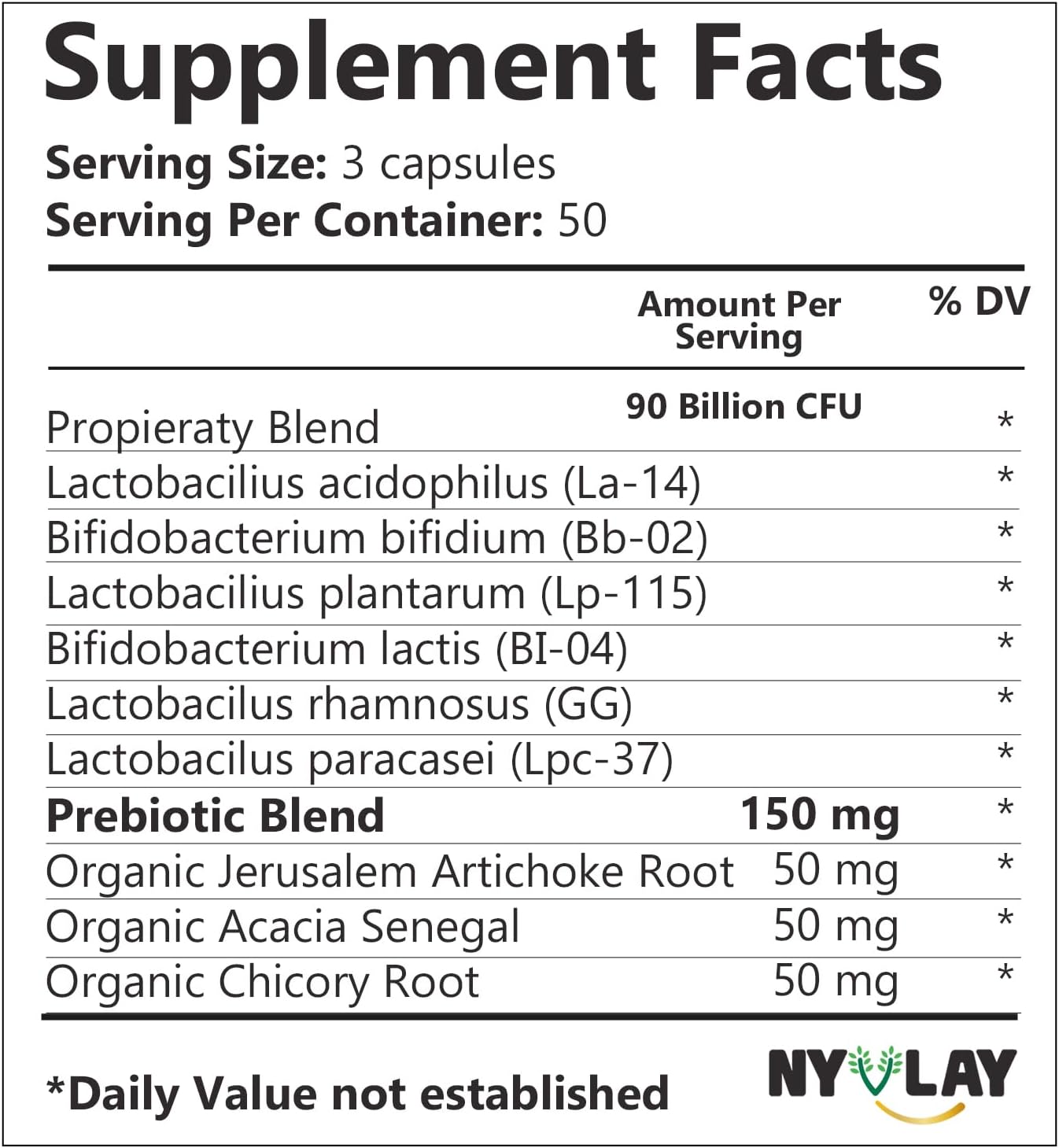 150 Count NYVLAY Prebiotics Probiotics Capsules - 90 Billion CFU for Strength & Energy - Natural Dietary Supplement