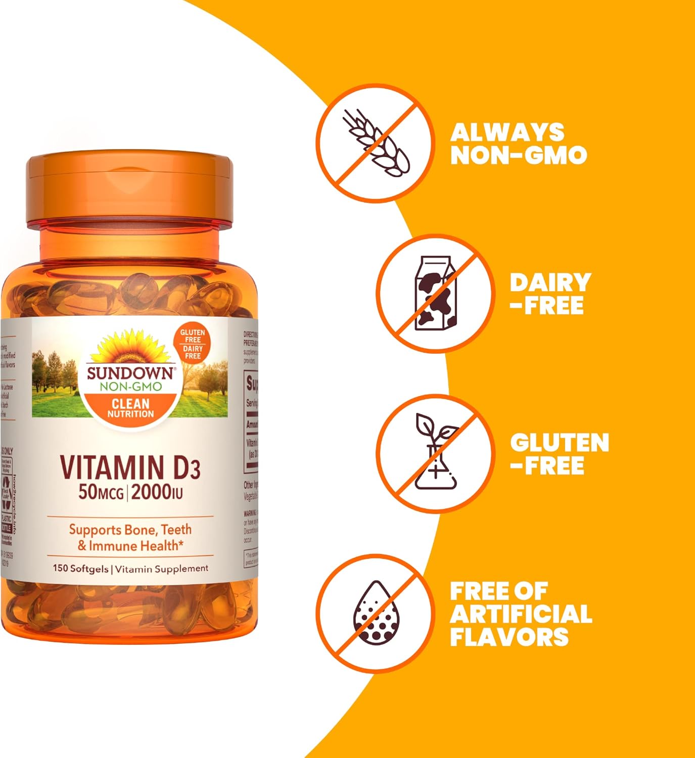 150 Count Sundown Vitamin D3 2000 IU Softgels for Bone, Teeth, and Immune Health
