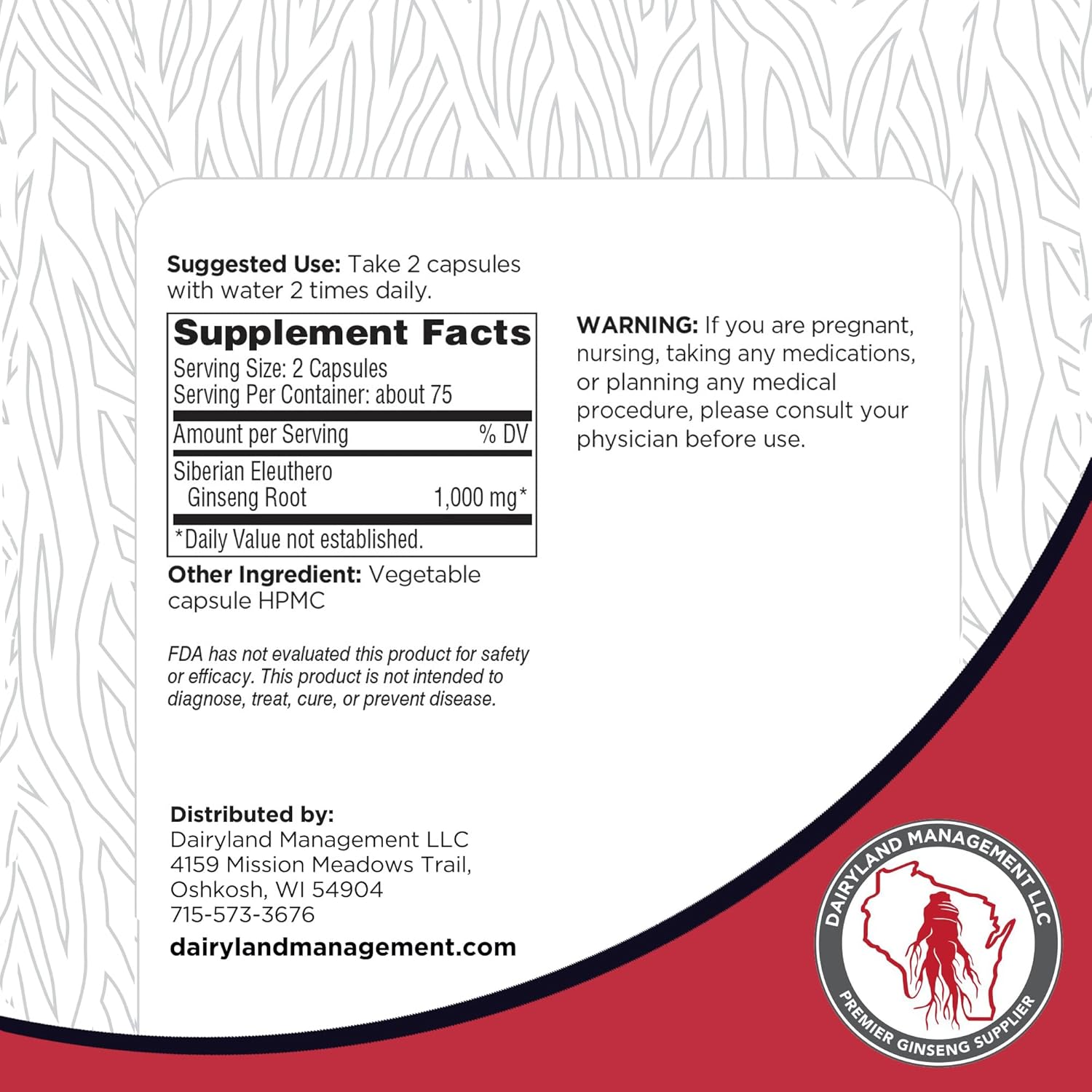 150 ct Dairyland Ginseng Siberian Eleuthero Root Capsules - Authentic Siberian Ginseng - Daily Herbal Supplement - Gluten Free & Non-GMO