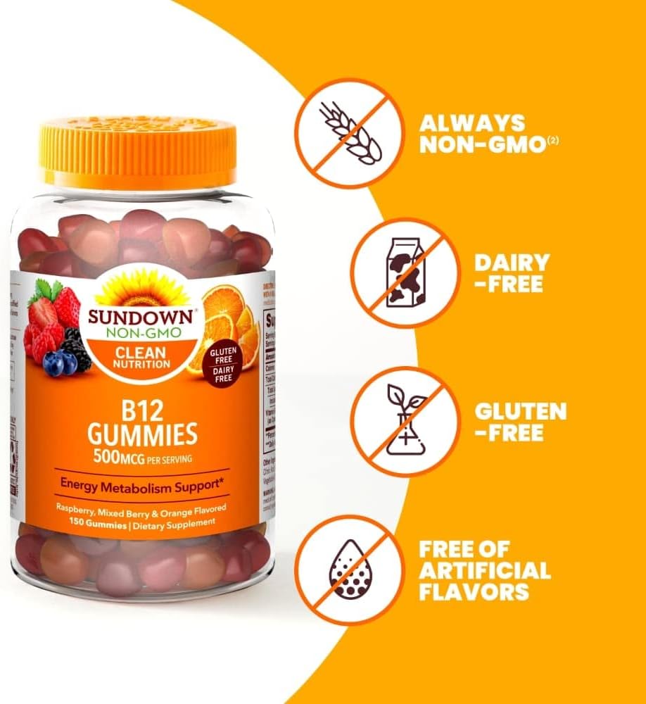 150 Ct Sundown Vitamin B-12 Gummies for Energy Metabolism Support - Raspberry, Mixed Berry, and Orange Flavored