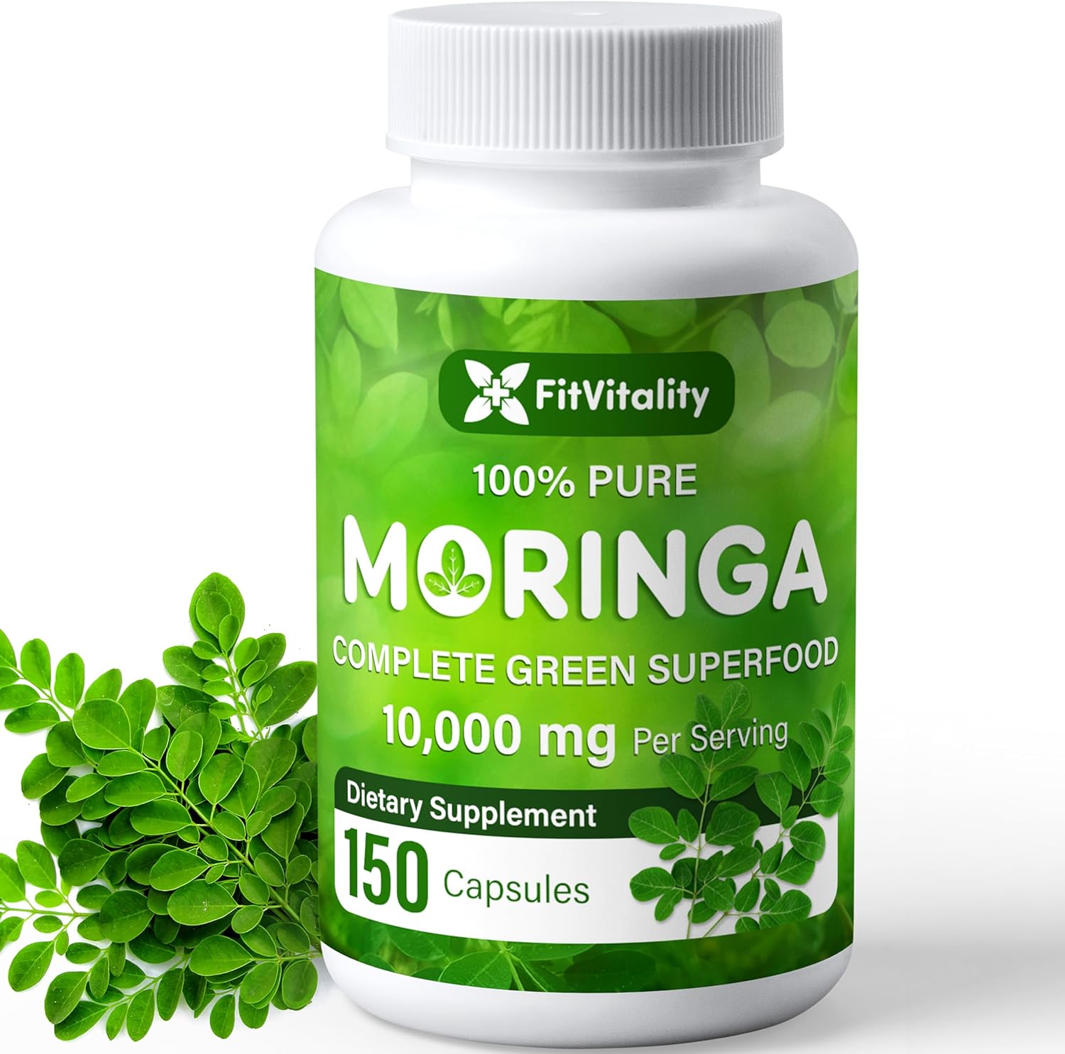 150 FitVitality Moringa Capsules - 10,000mg Pure Leaf Extract Powder - Non-GMO Gluten Free Superfood Supplement
