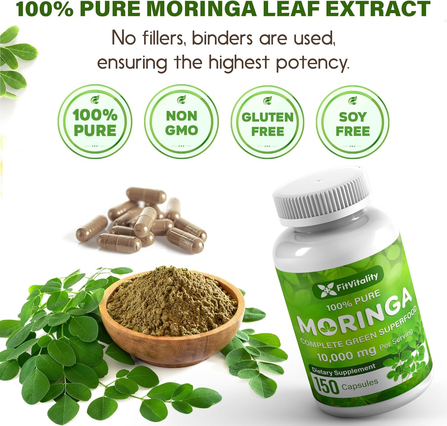 150 FitVitality Moringa Capsules - 10,000mg Pure Leaf Extract Powder - Non-GMO Gluten Free Superfood Supplement