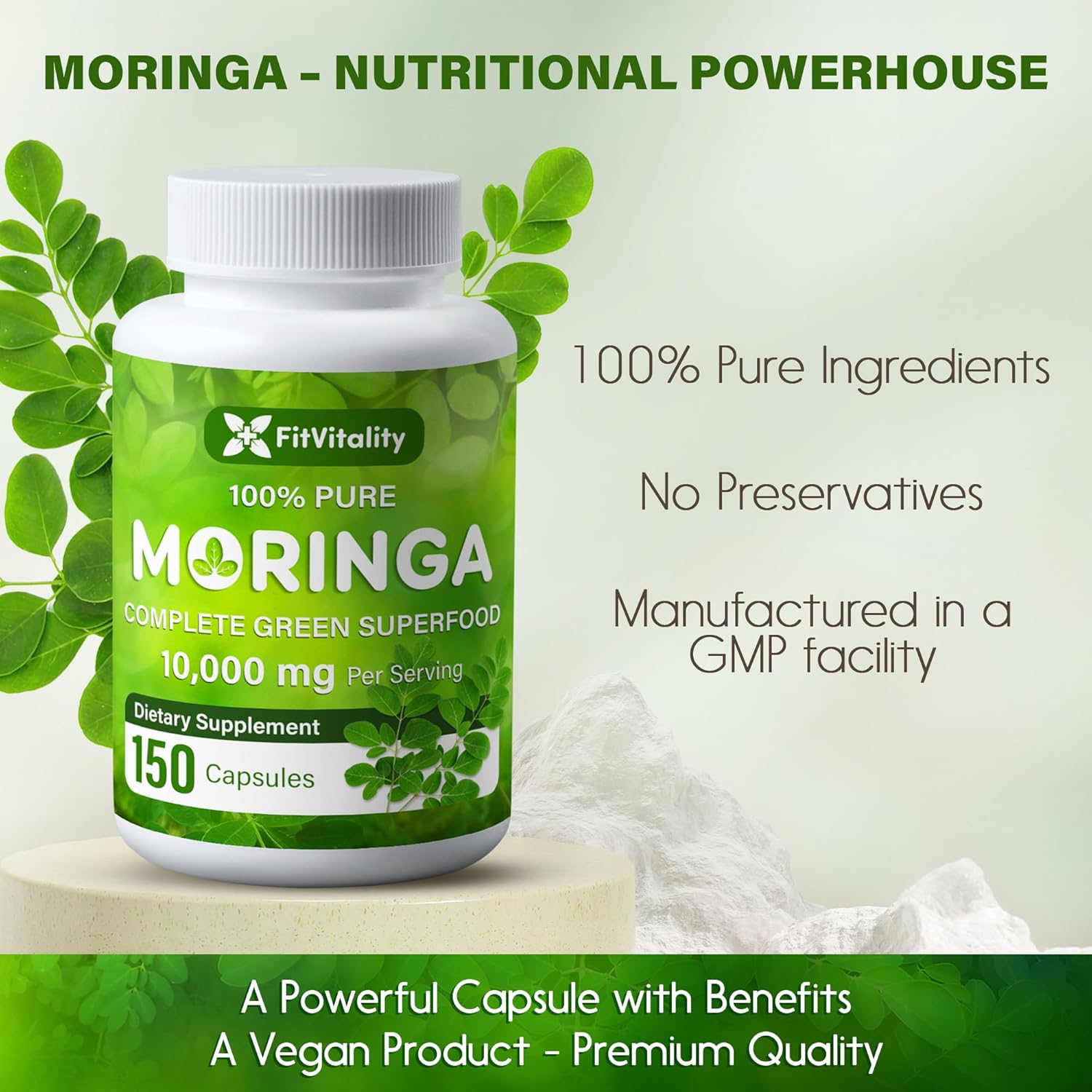 150 FitVitality Moringa Capsules - 10,000mg Pure Leaf Extract Powder - Non-GMO Gluten Free Superfood Supplement