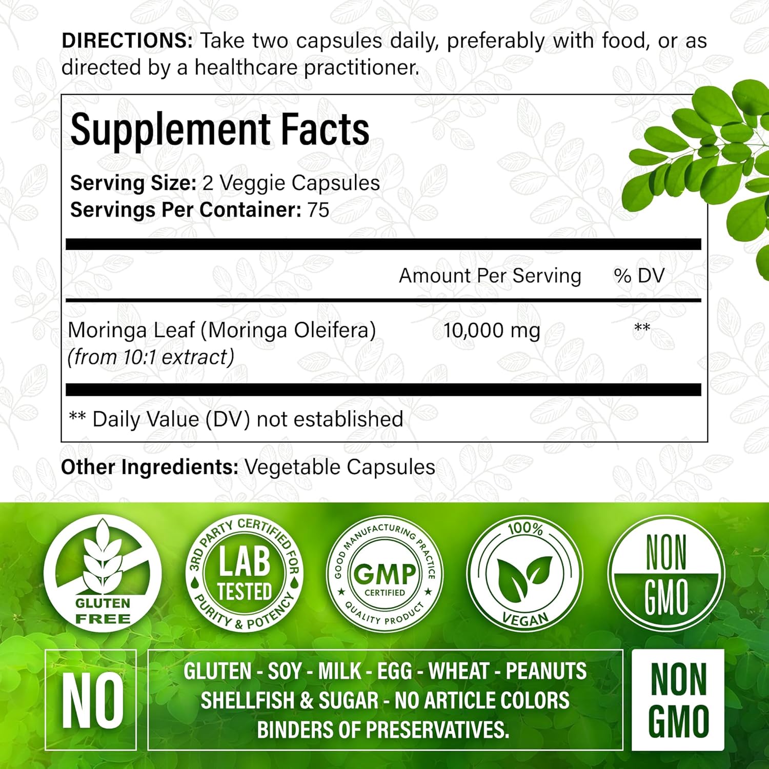 150 FitVitality Moringa Capsules - 10,000mg Pure Leaf Extract Powder - Non-GMO Gluten Free Superfood Supplement