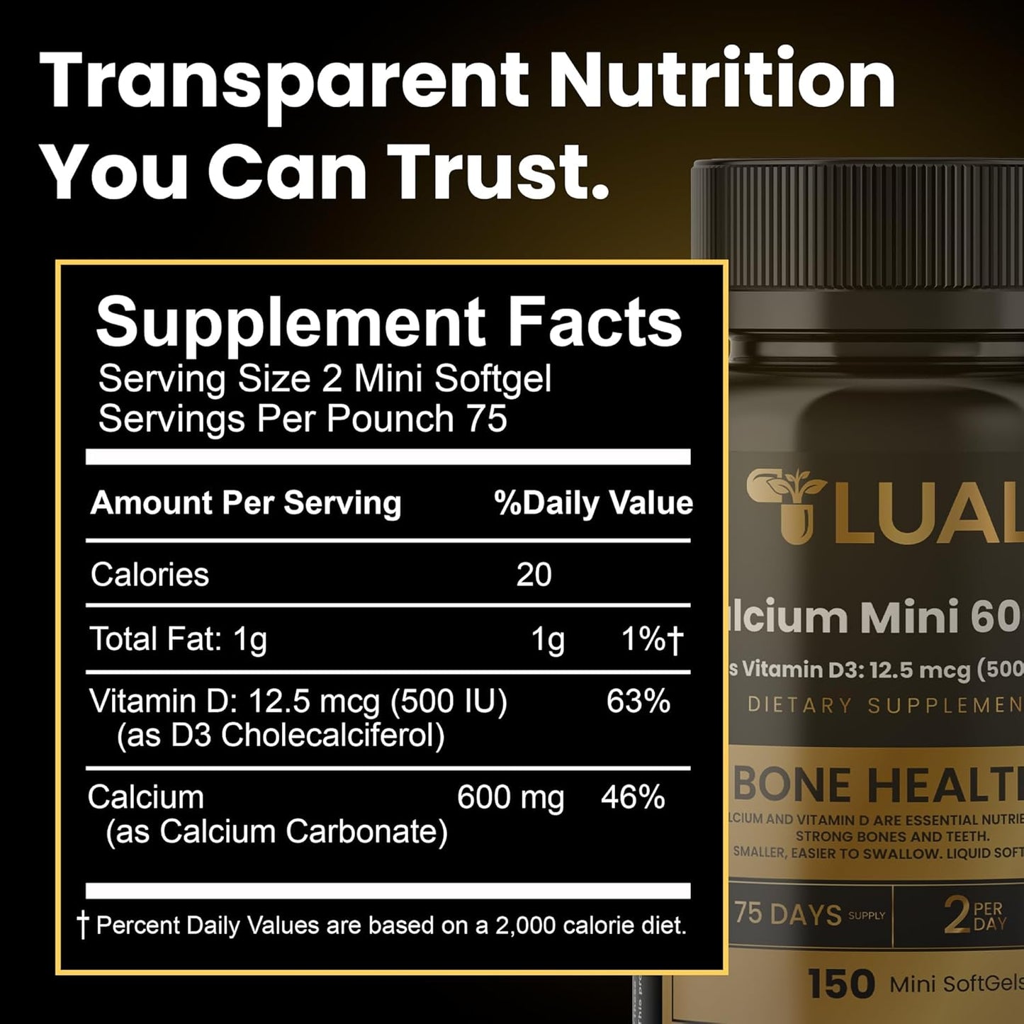150 Mini Softgels of LUAL Calcium 600mg + Vitamin D3 for Bone & Muscle Support - Easy to Swallow Supplement for Strong Bones & Mobility