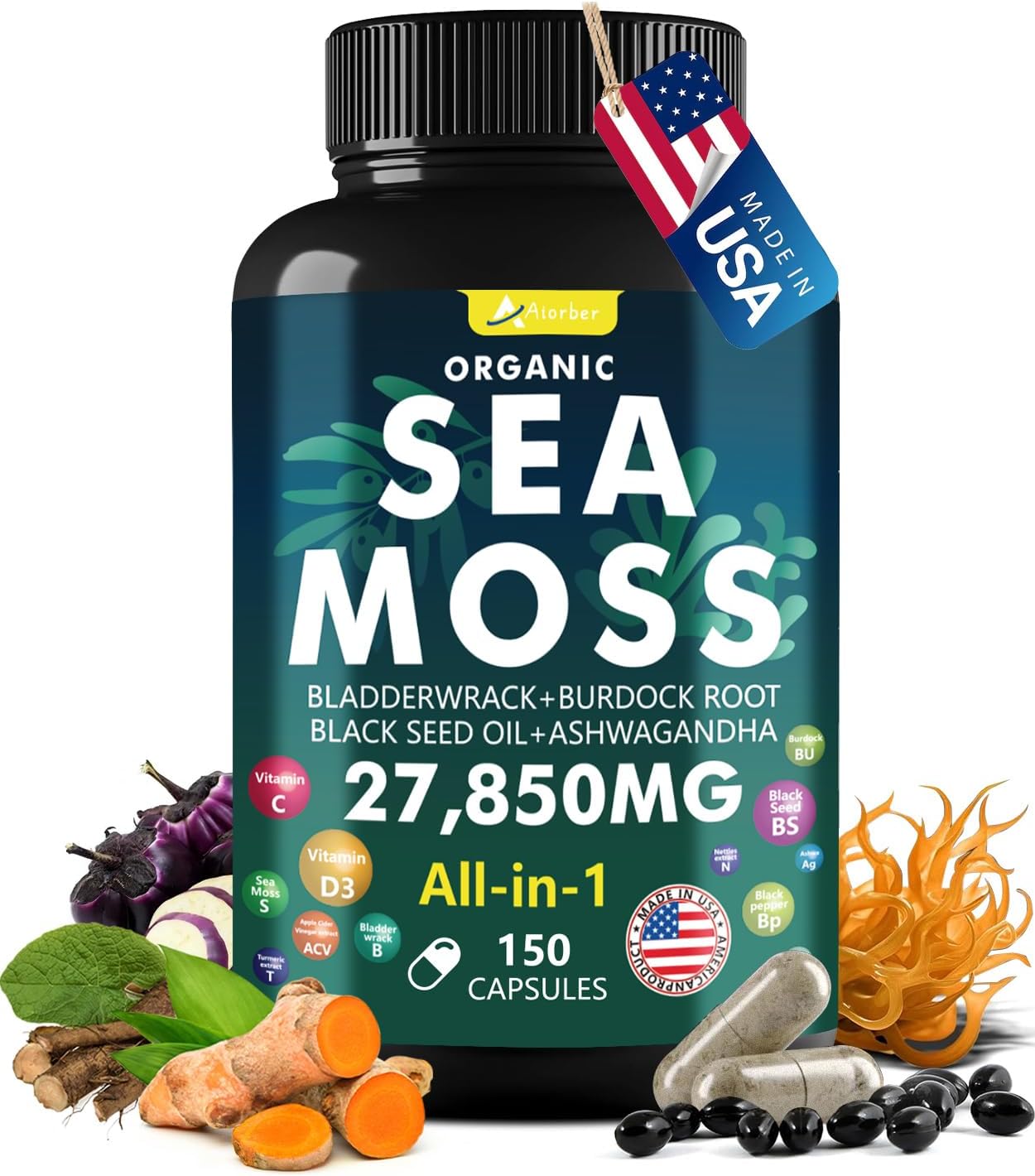 150 Organic Sea Moss, Ashwagandha & Black Seed Oil Capsules - Natural Multivitamin Supplement