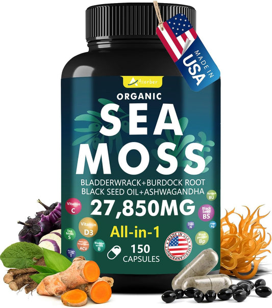 150 Organic Sea Moss, Ashwagandha & Black Seed Oil Capsules - Natural Multivitamin Supplement
