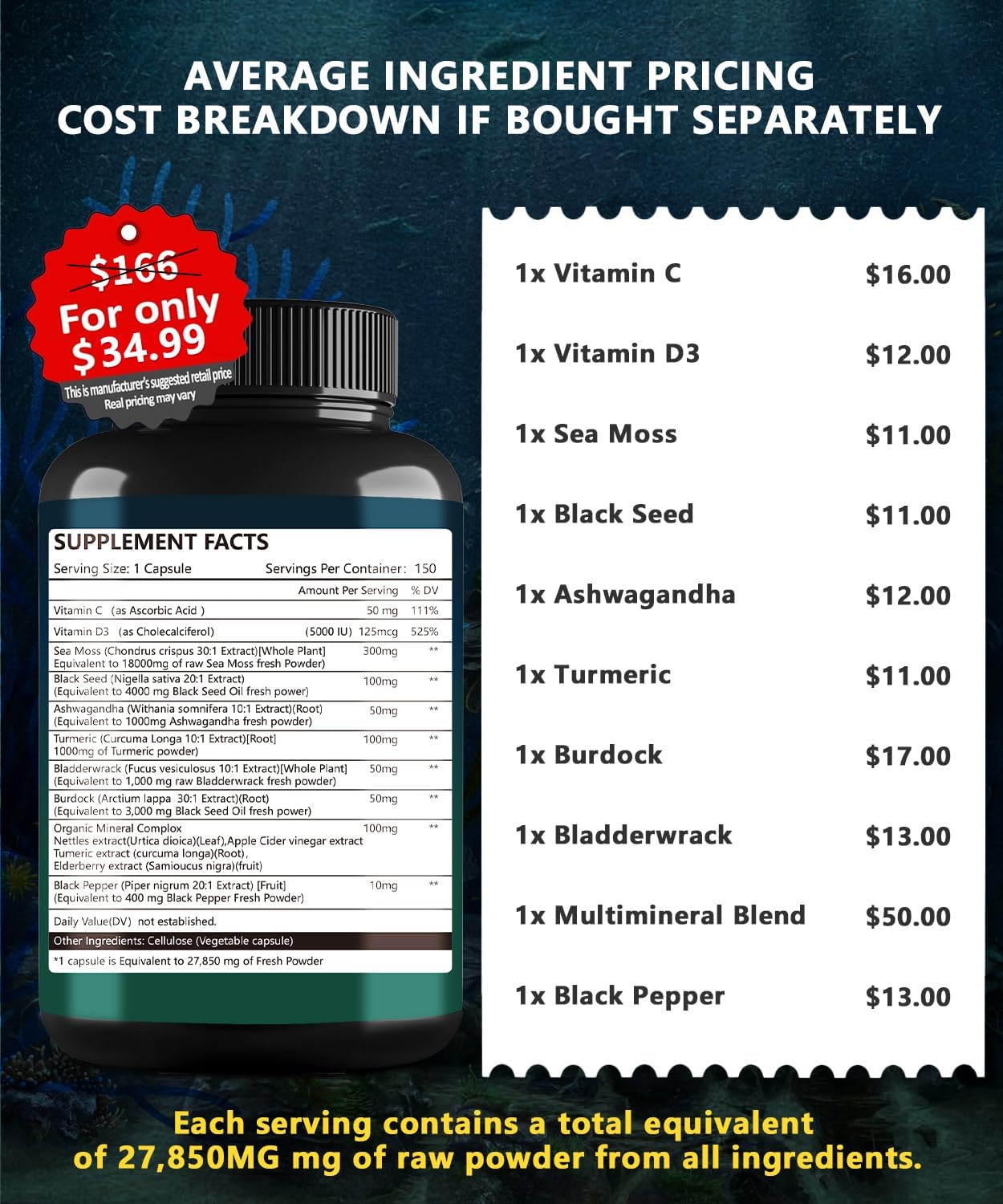 150 Organic Sea Moss, Ashwagandha & Black Seed Oil Capsules - Natural Multivitamin Supplement