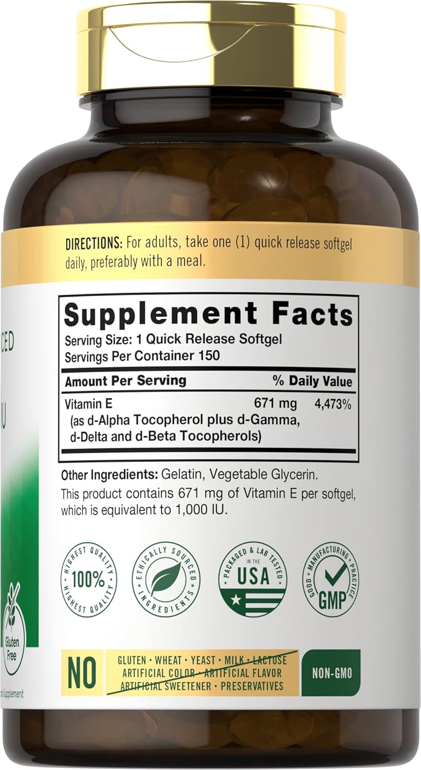 150 Softgels of Carlyle Vitamin E Plus Mixed Tocopherols, 1000 IU (671mg) | Non-GMO Gluten Free Formula | Natural Vitamin E Supplement