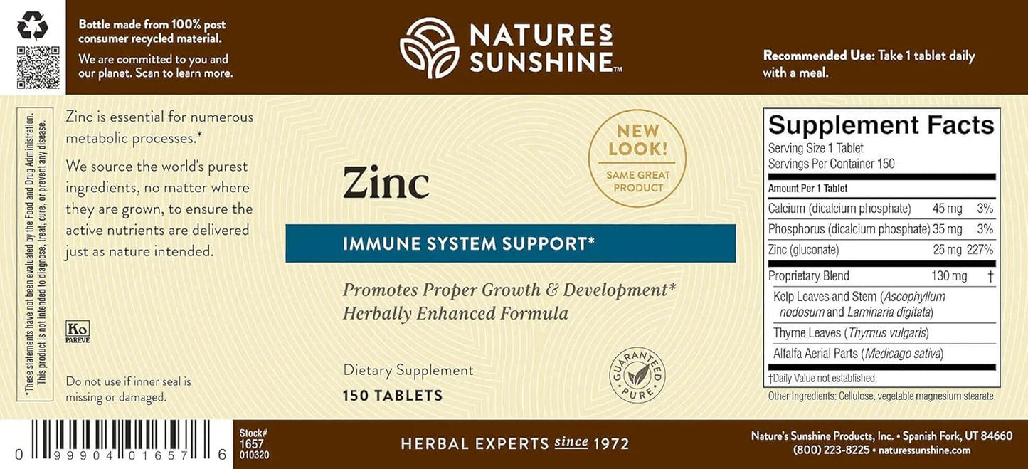 150 Tablets of Nature's Sunshine Zinc 25mg - Boost Immune System with 167% Daily Value of Zinc