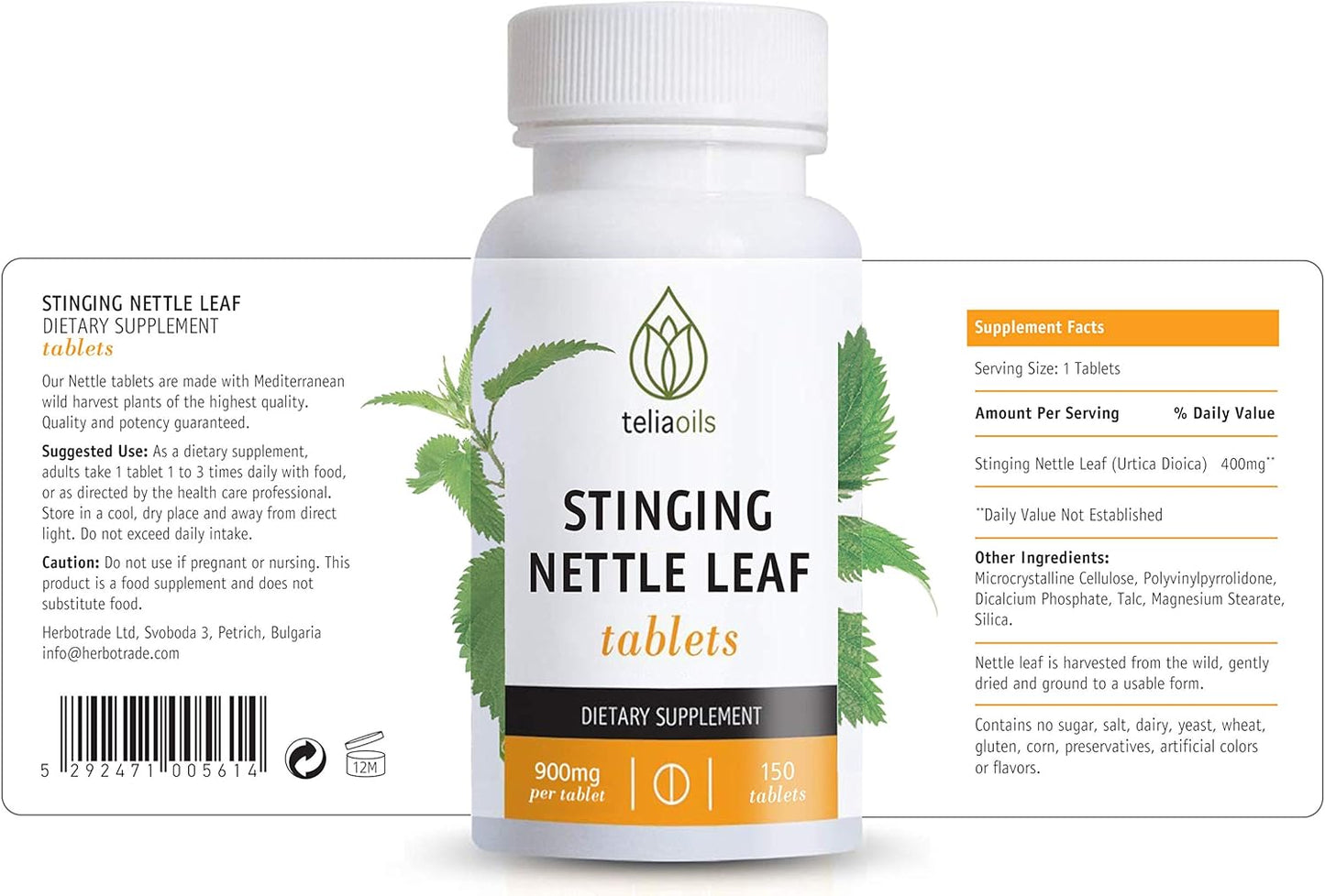 150 Teliaoils Stinging Nettle Leaf Capsules | 900mg Wild Harvest Nettle Extract | Natural Herbal Supplement for Healthy Histamine Levels & Respiratory Health