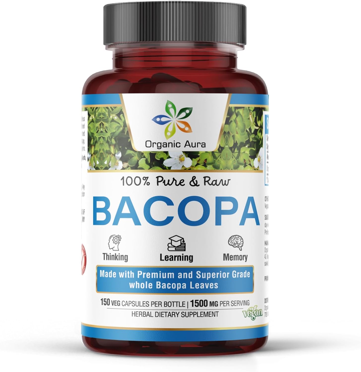 150 Veg HPMC Organic Aura BACOPA Capsules - 1500mg for Mental Alertness, Memory & Cognition - Herbal Supplement for Calm & Focus - BoostGo Australia