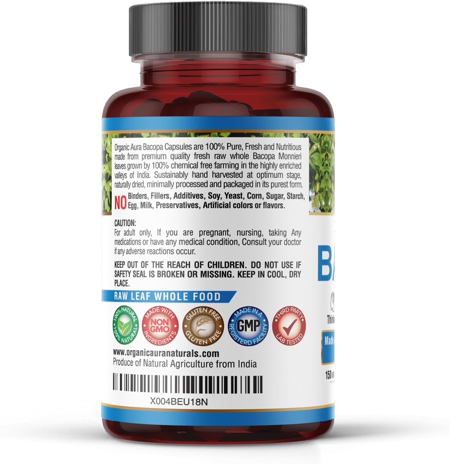 150 Veg HPMC Organic Aura BACOPA Capsules - 1500mg for Mental Alertness, Memory & Cognition - Herbal Supplement for Calm & Focus - BoostGo Australia