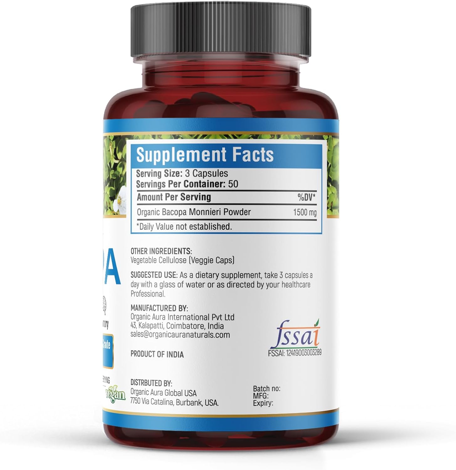 150 Veg HPMC Organic Aura BACOPA Capsules - 1500mg for Mental Alertness, Memory & Cognition - Herbal Supplement for Calm & Focus - BoostGo Australia