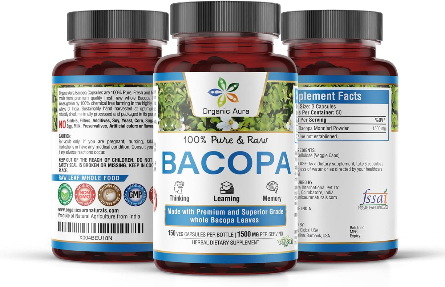 150 Veg HPMC Organic Aura BACOPA Capsules - 1500mg for Mental Alertness, Memory & Cognition - Herbal Supplement for Calm & Focus - BoostGo Australia